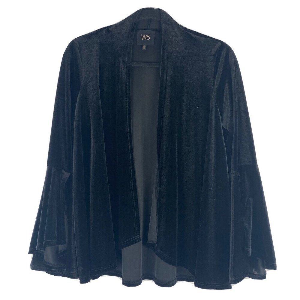 W5 Womens Velvet Cardigan Size S Black Split Bell Sleeve Waterfall Front Open